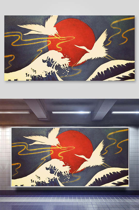 海浪仙鹤红日日式手绘插画和风