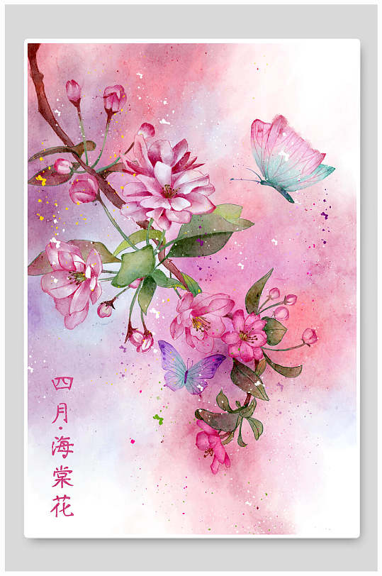 四月海棠花水彩国画插画