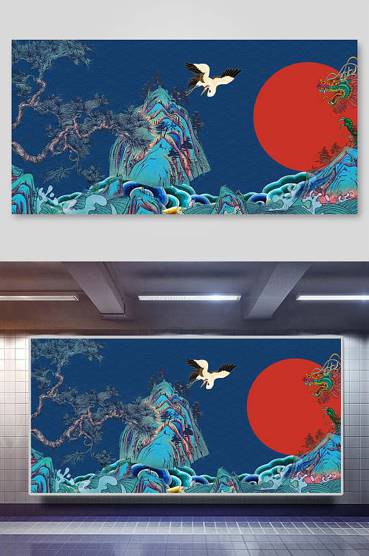 蓝色仙鹤浪花蓝底国潮背景