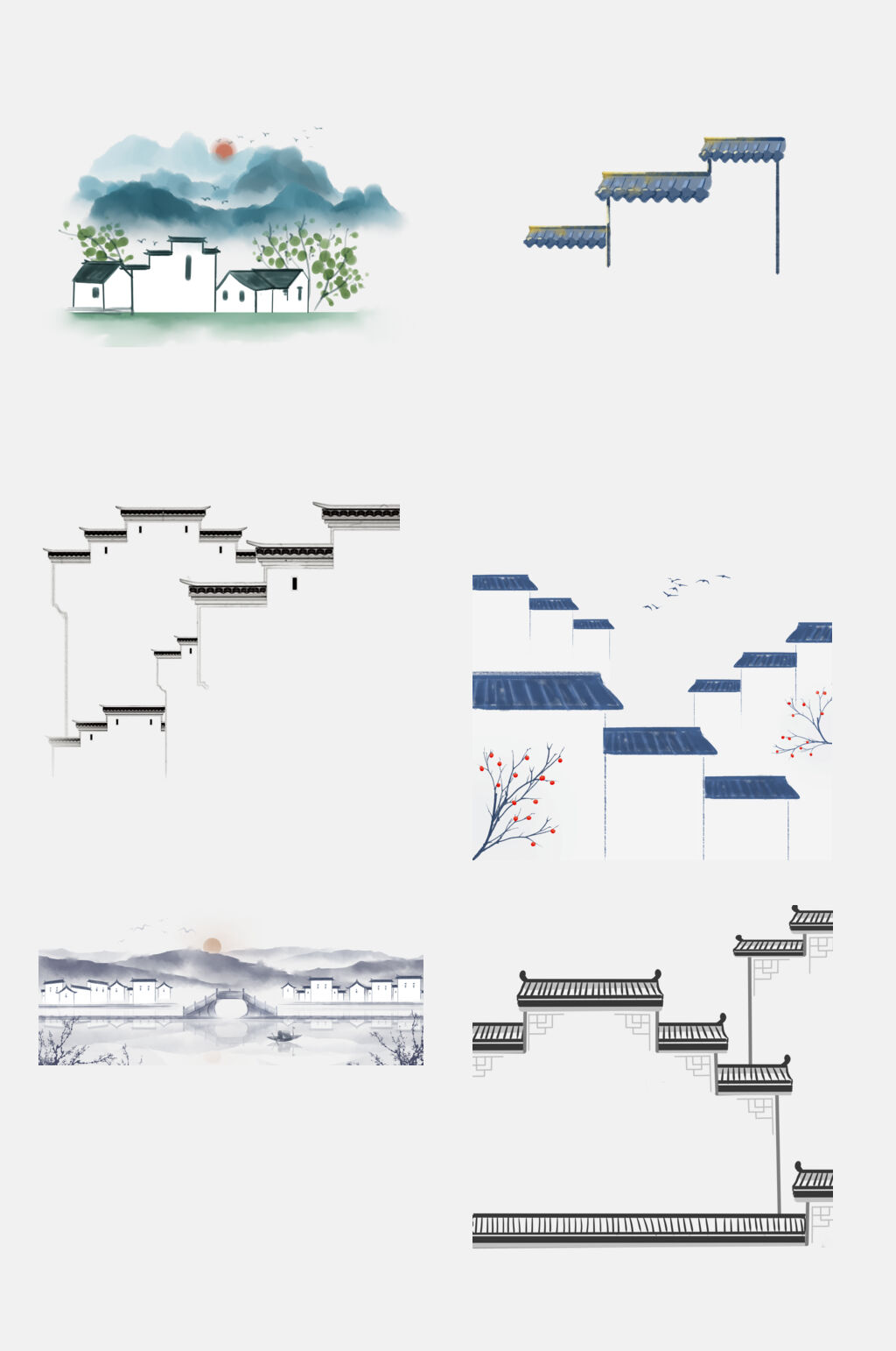 卡通江南徽派建筑元素素材