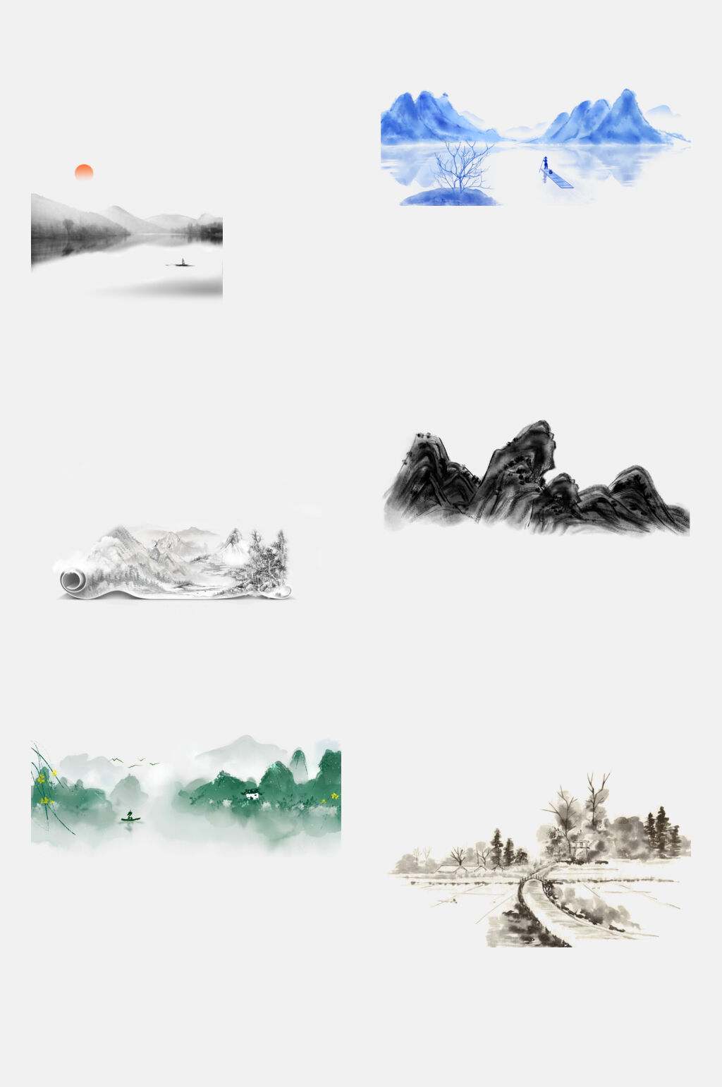 古韵水墨山水元素素材