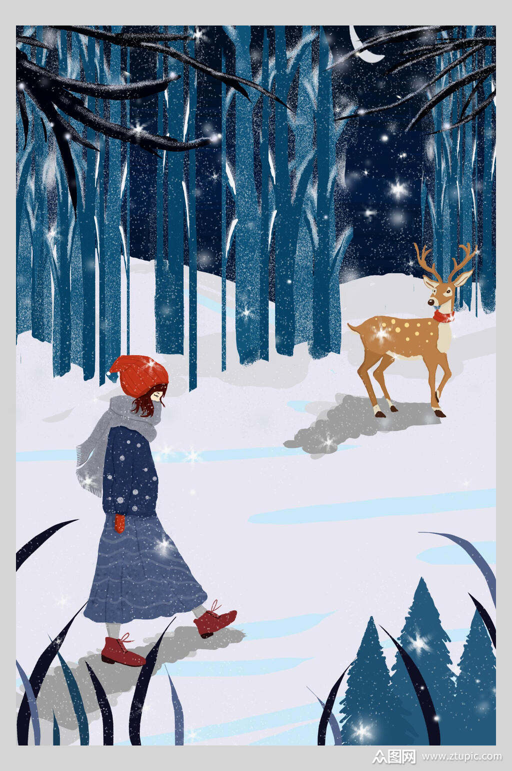 女孩雪地独行唯美创意插画素材