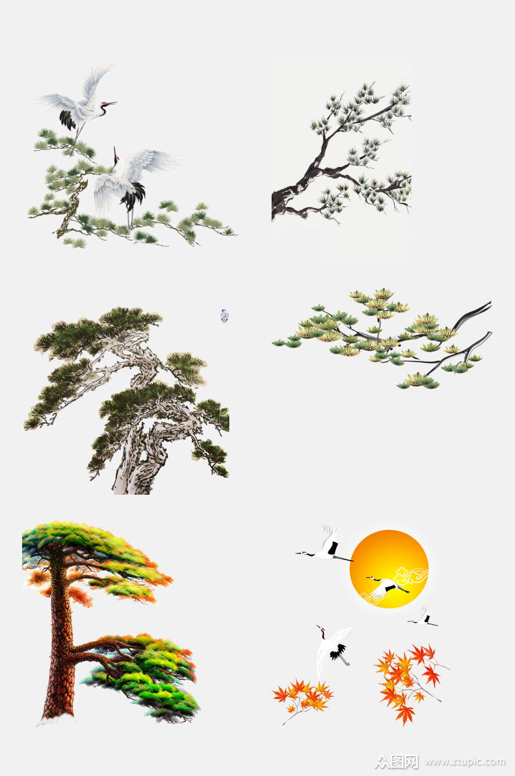 松树迎客松仙鹤元素素材