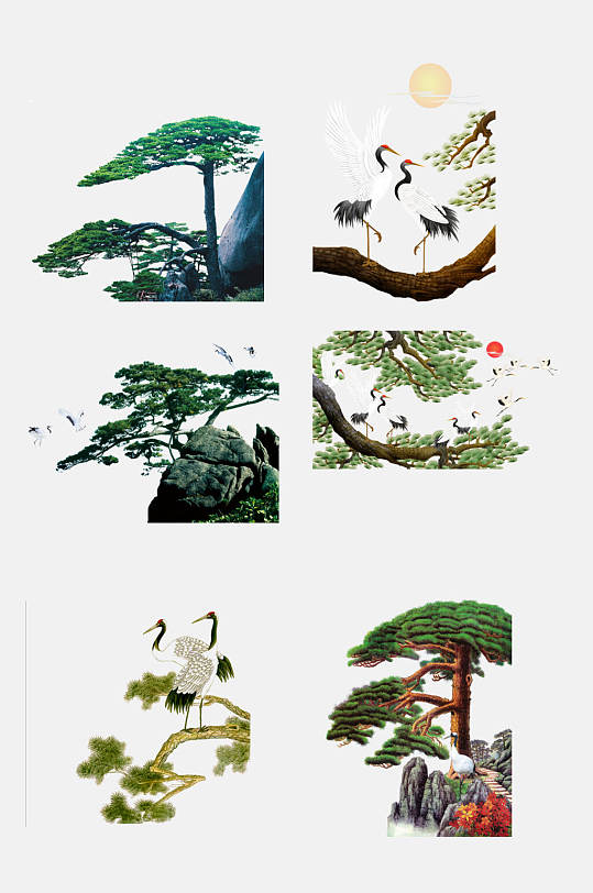 中国风松树迎客松仙鹤免抠元素素材