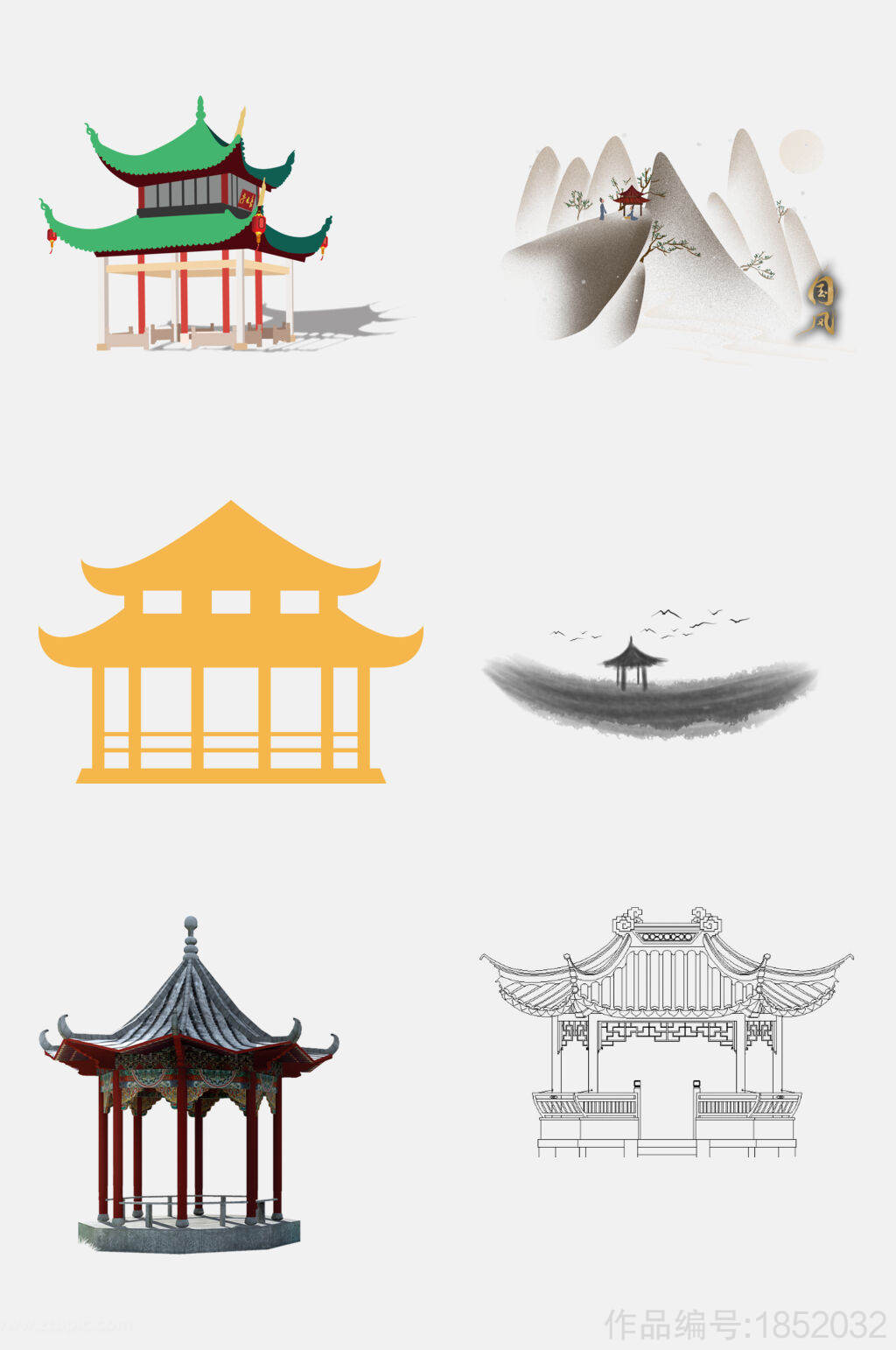 中国风凉亭建筑免抠设计元素素材