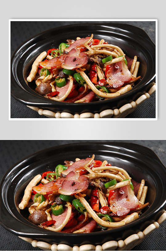 美味砂锅腊肉茶树菇美食摄影图片