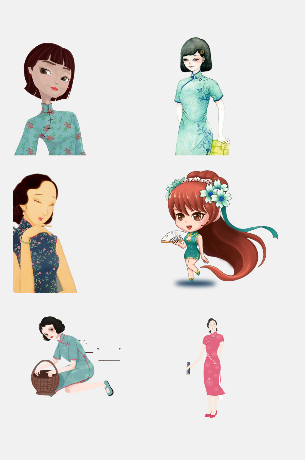 卡通民国风古典旗袍美女免抠素材