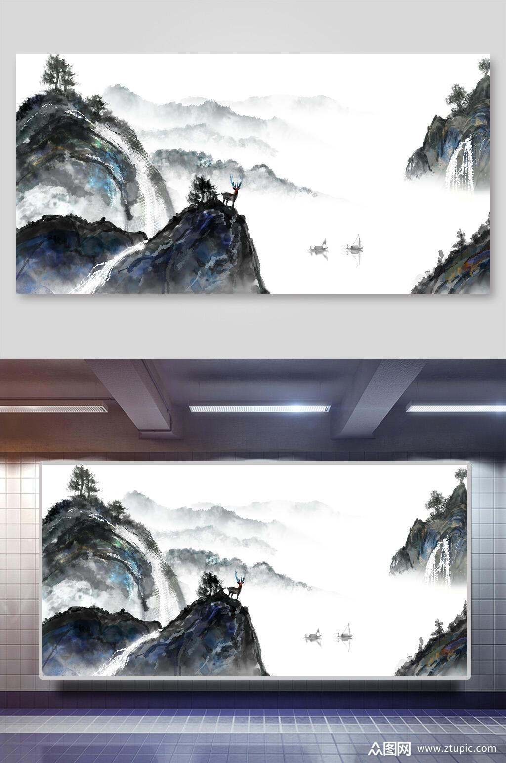 清新手绘高端创意山水水墨画背景