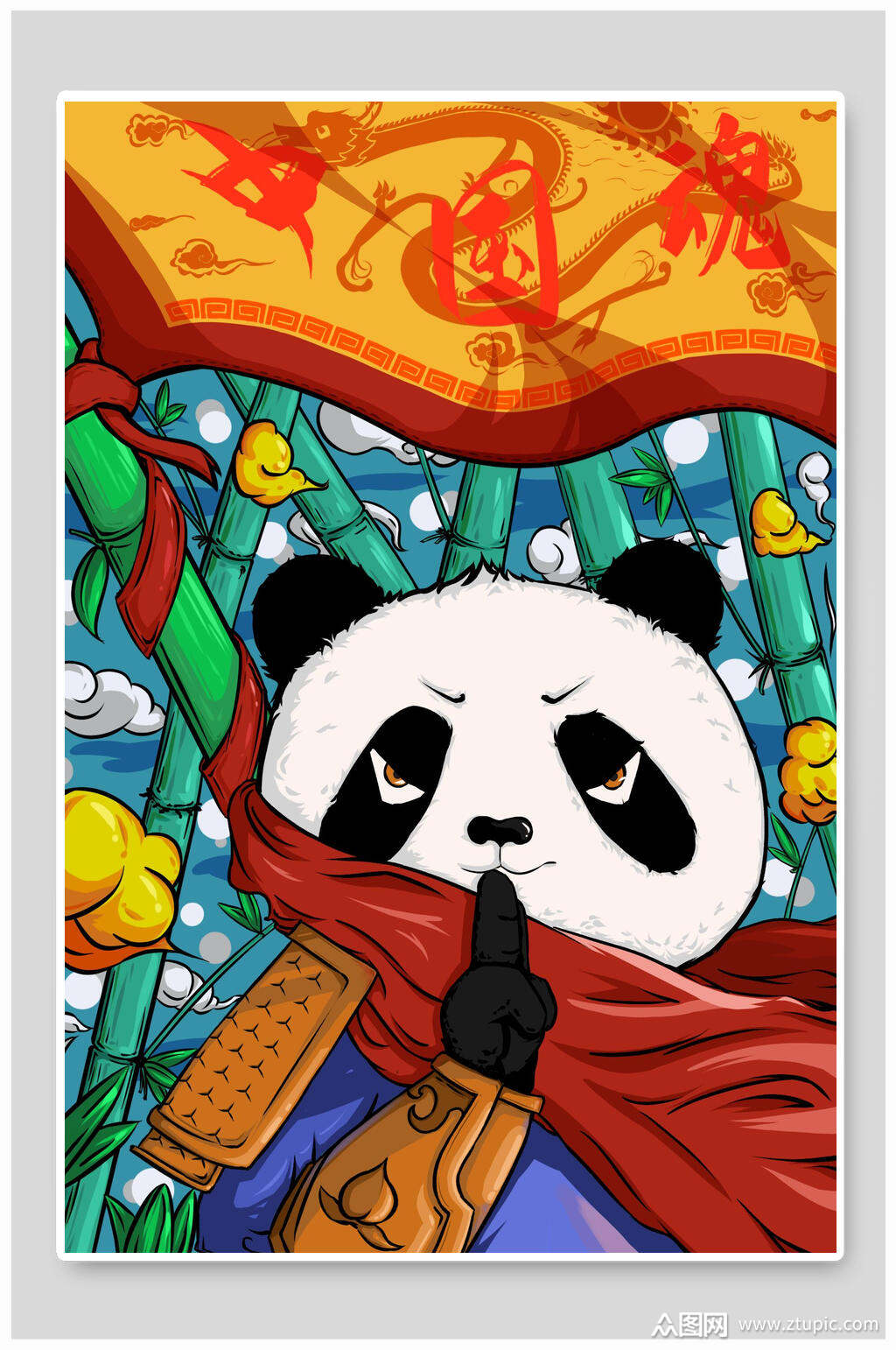 手绘熊猫创意高端大气国潮风插画