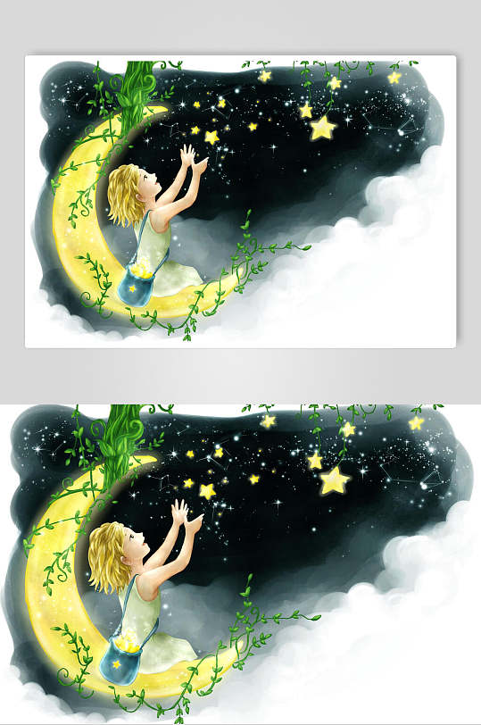 摘星星情人节爱情插画卡通风摘星女孩儿童节插画素材立即下载摘星星
