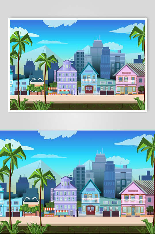 清新卡通城市高楼建筑矢量插画