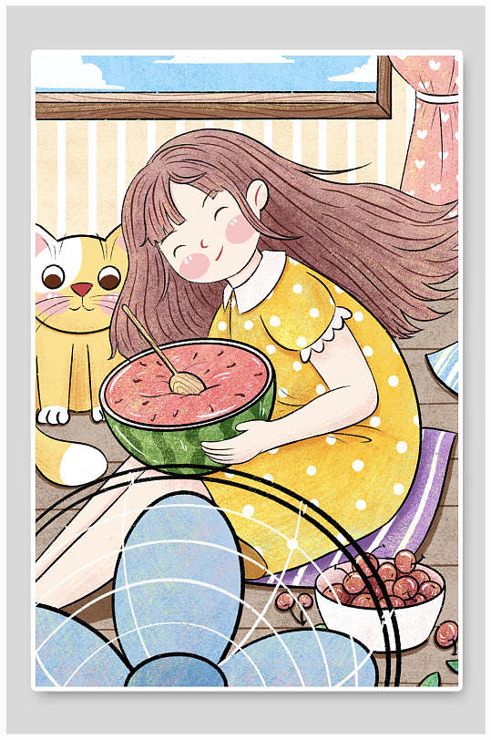 清凉夏日夏天少女吃西瓜插画