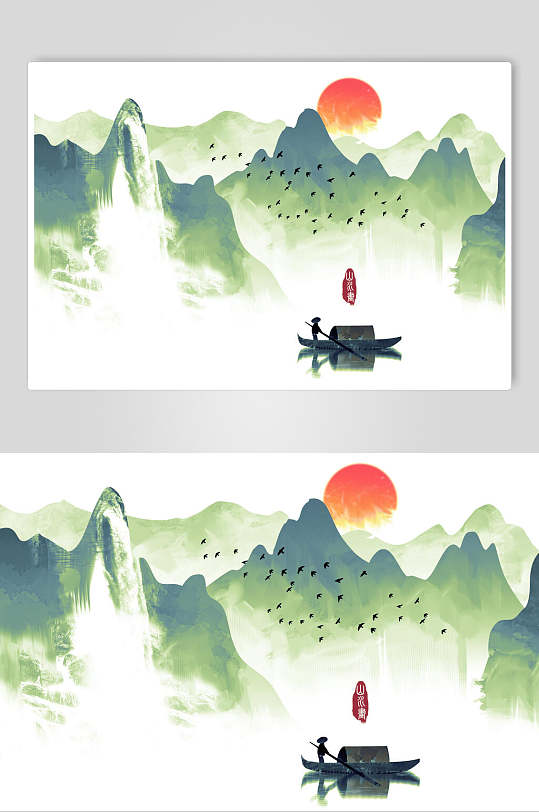 中国风彩绘山水插画