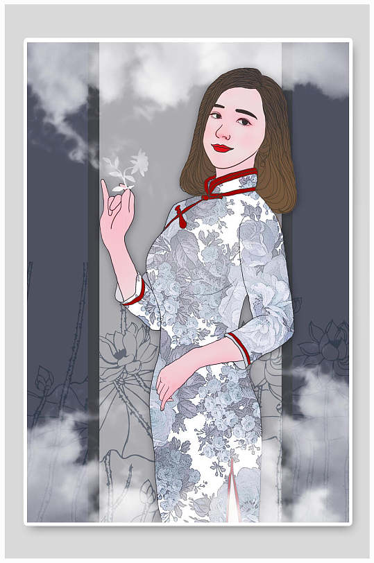 民国唯美女人穿旗袍插画