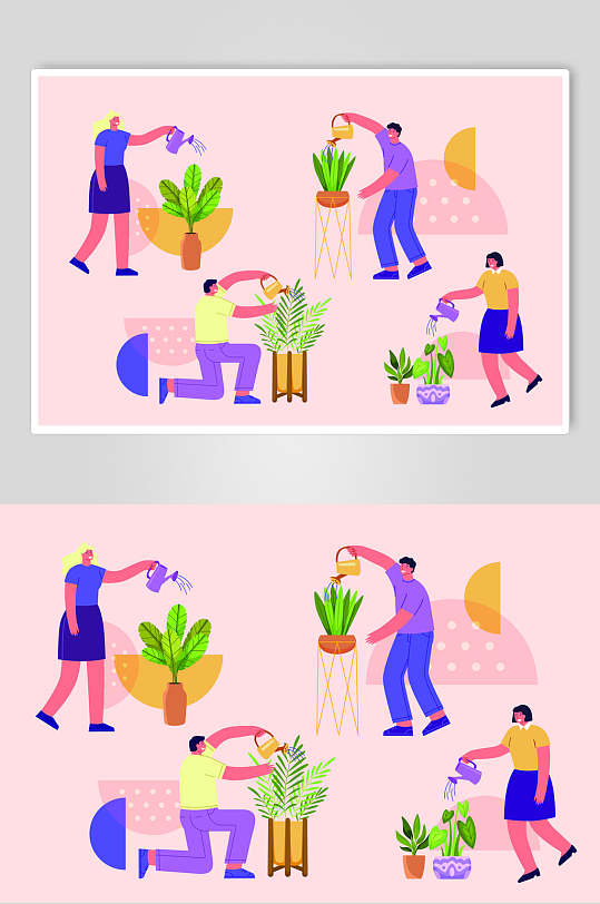 植物浇水粉蓝种植盆栽插画矢量素材