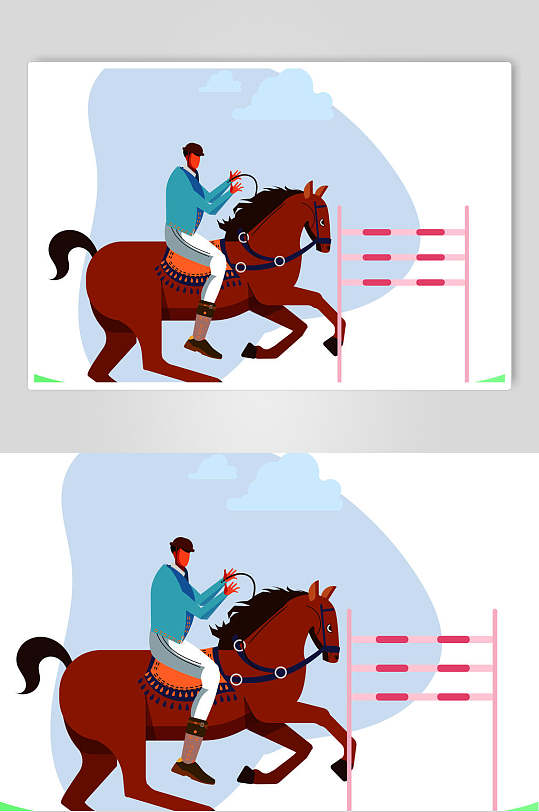 蓝红手绘简约清新素雅赛马矢量素材