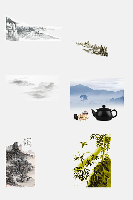 中国风茶香水墨山水免抠素材