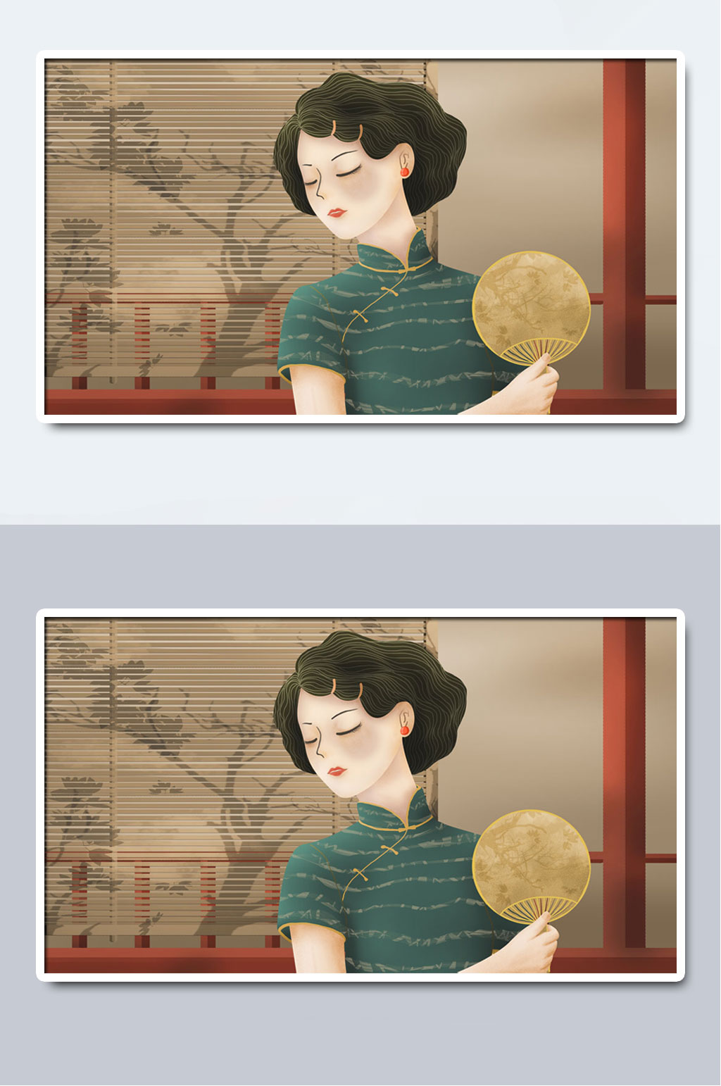 摇扇民国风旗袍手绘插画素材