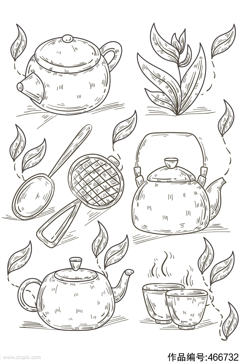 茶壶茶叶茶道茶艺装饰线稿