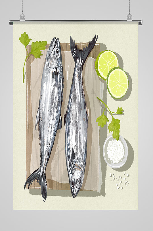 手绘带鱼海鲜菜肴插画