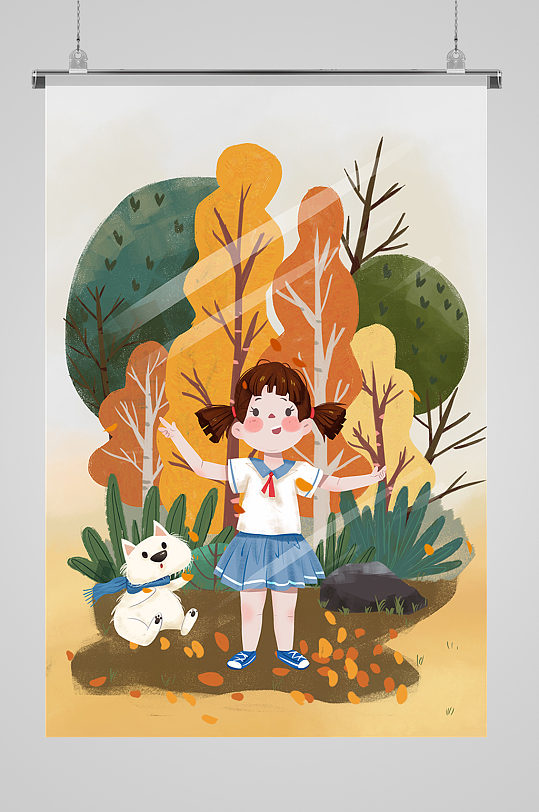 森林可爱小学生手绘插画