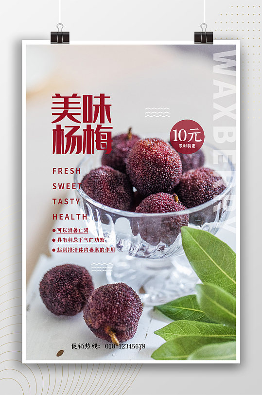 美味杨梅小清新文艺宣传夏季海报