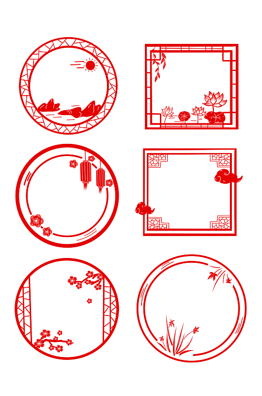 手绘剪纸风中国风圆形方形边框