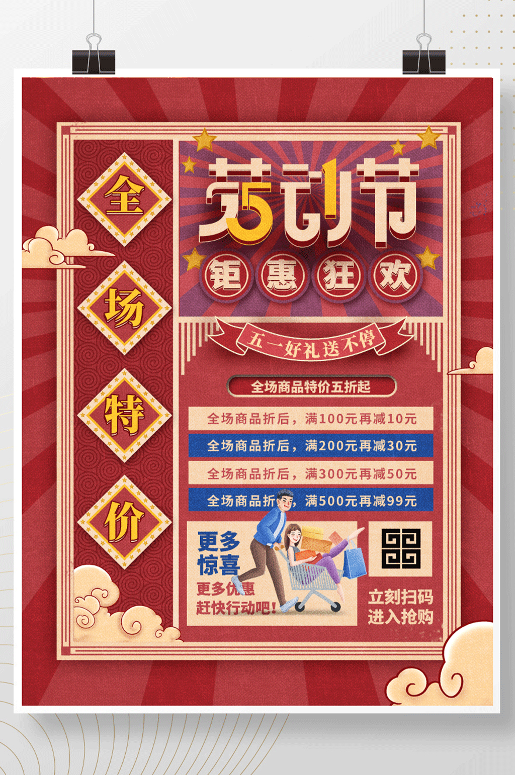 复古风五一劳动节商场活动促销海报