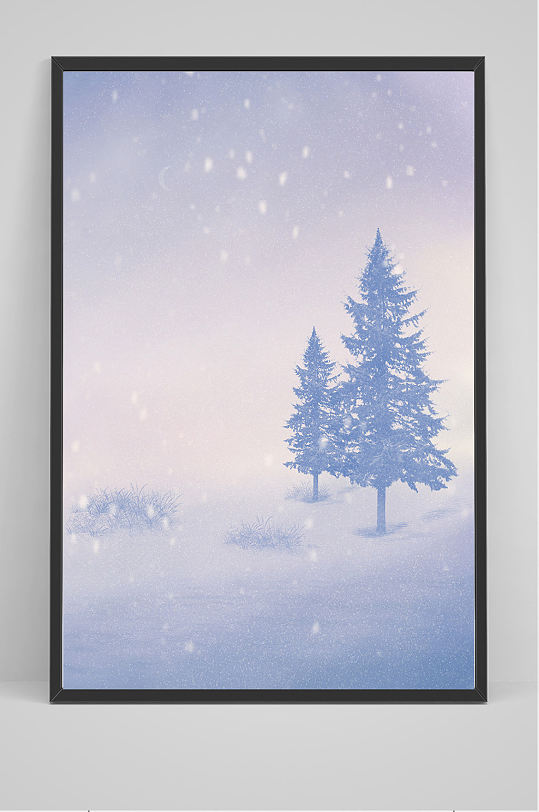 唯美冬季大雪松树手绘插画设计