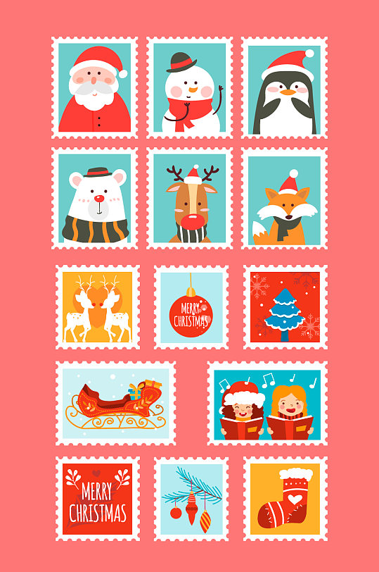 圣诞节快乐矢量卡通邮票元素