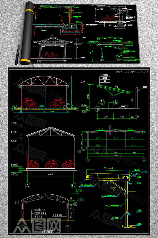 停车棚自行车棚电动车棚设计施工cad素材