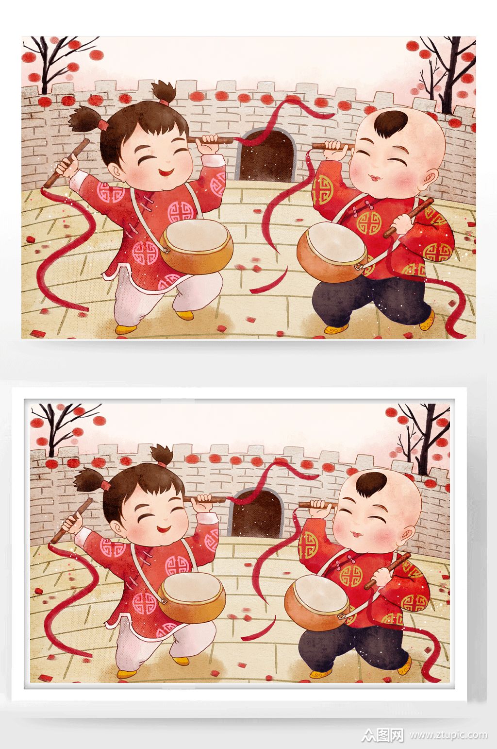 新年小朋友打鼓喜庆插画素材
