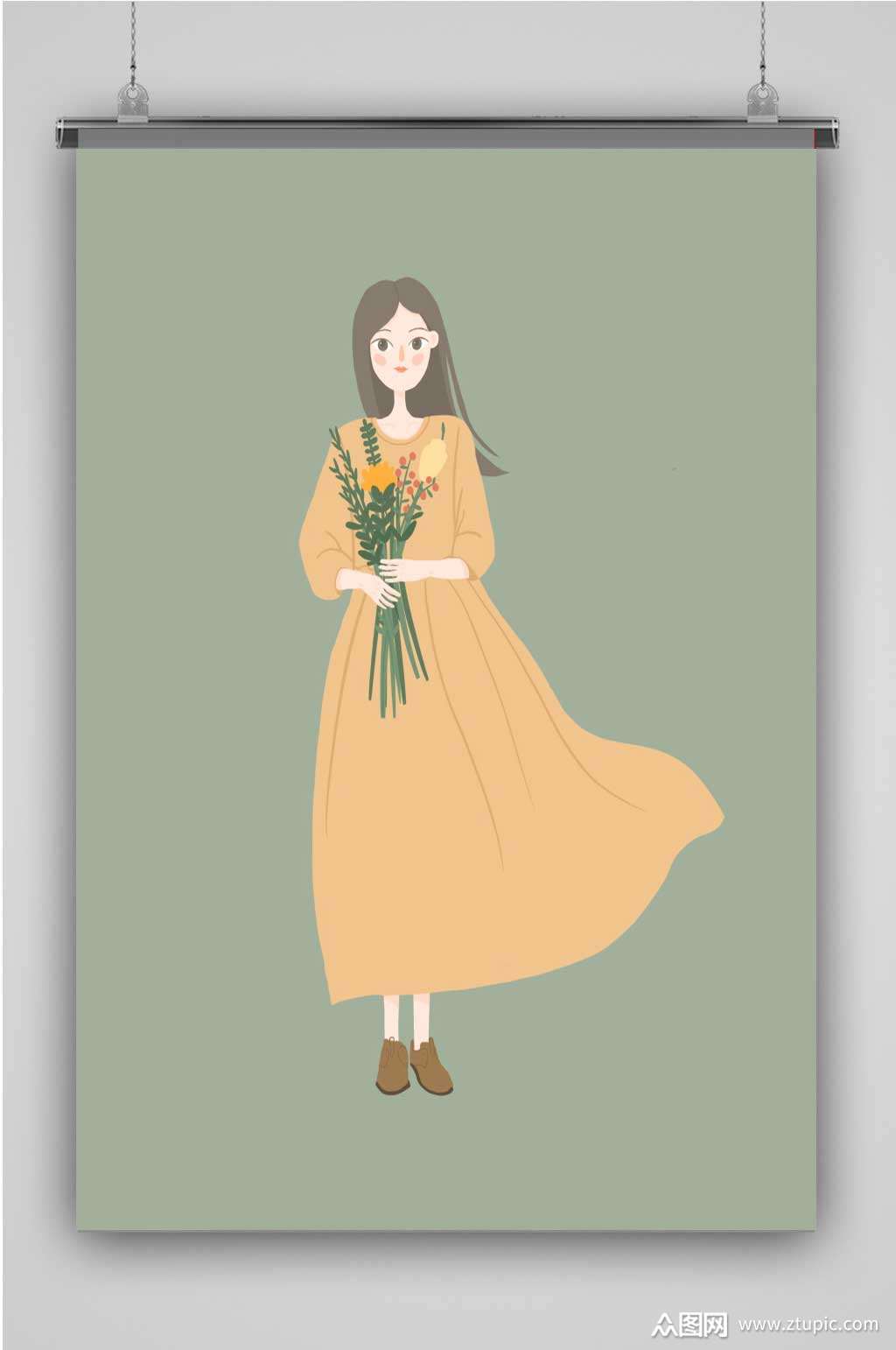 拿花的女孩创意卡通手绘抽象插画海报素材