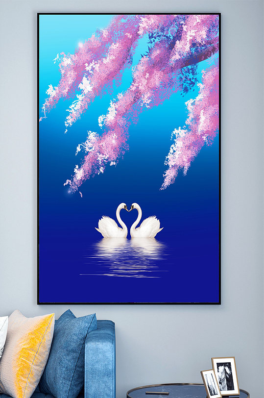蓝色樱花天鹅装饰画