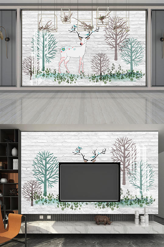 水墨画树林鹿背景墙