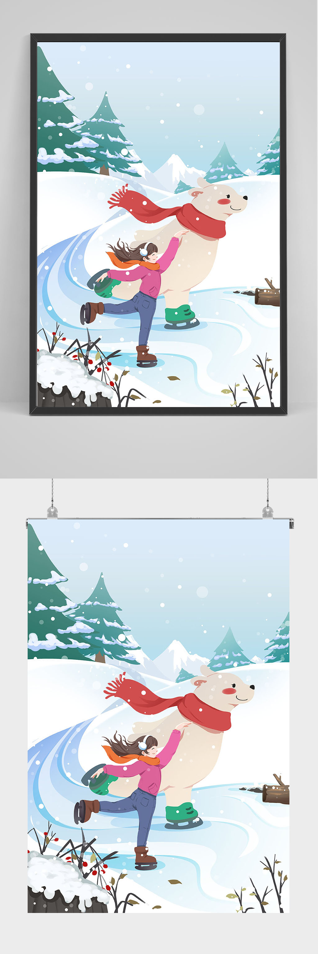 创意女孩和北极熊一起滑雪手绘插画设计