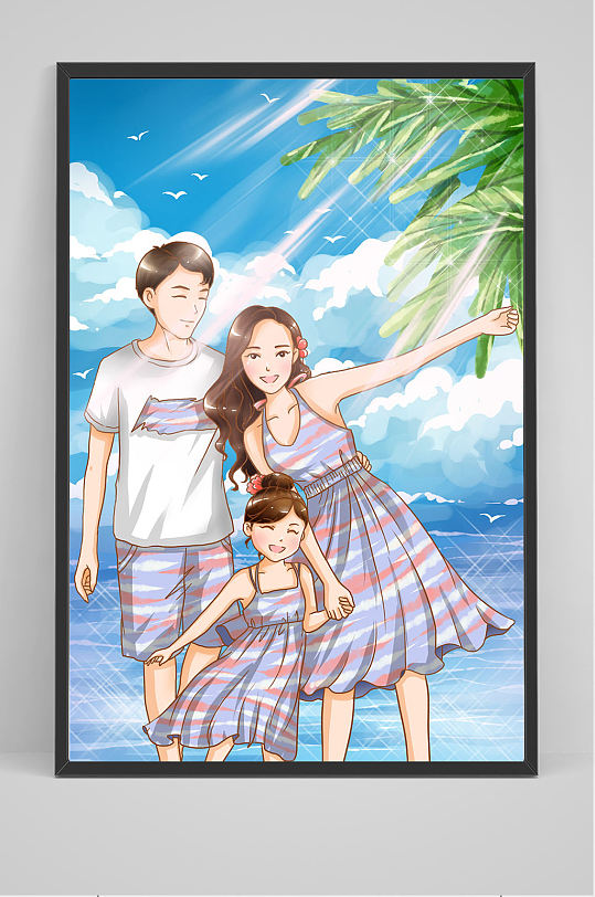 手绘一家三口海边旅行插画设计-众图网