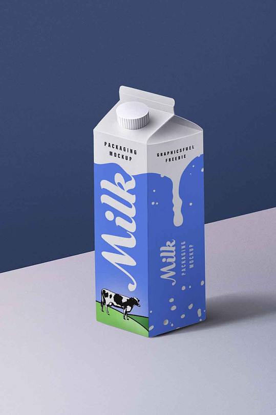 立即下载浅蓝色牛奶酸奶包装盒样机黑色粗体字白色牛奶外卖包装盒样机