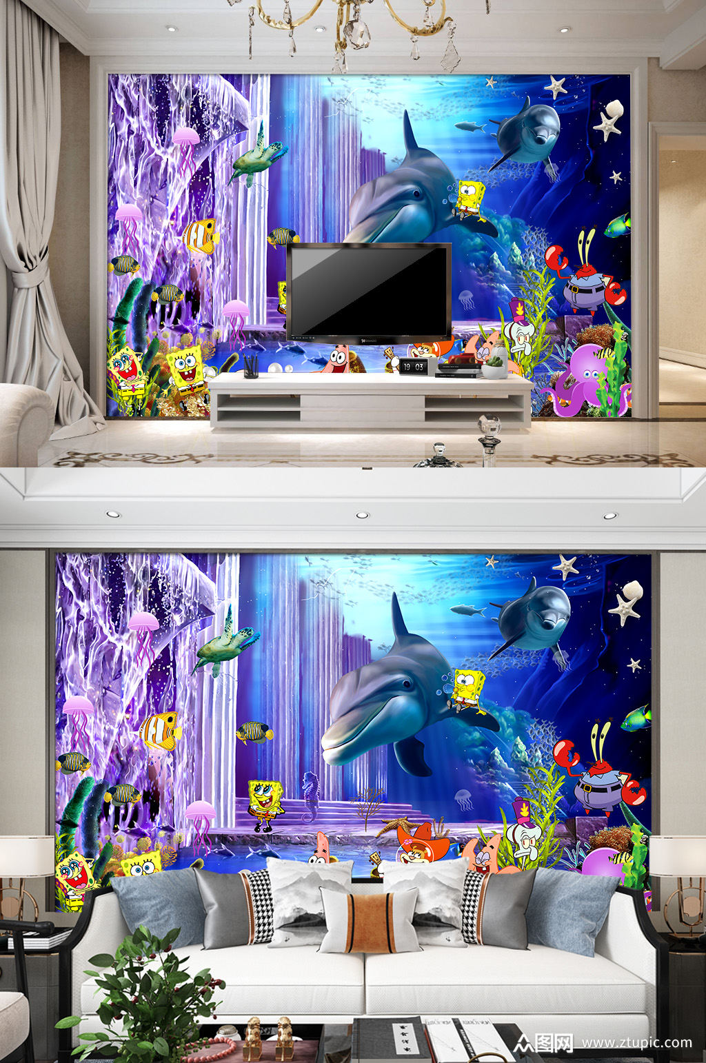 海豚电视背景墙海洋馆装饰画素材