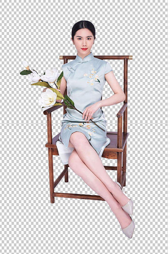 坐姿拿鲜花优雅旗袍美女人物png免抠元素