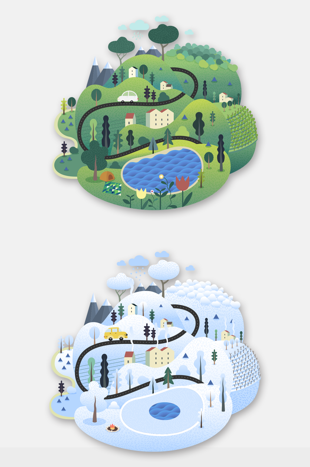 春天树木公路抽象手绘插画设计素材冬天路景
