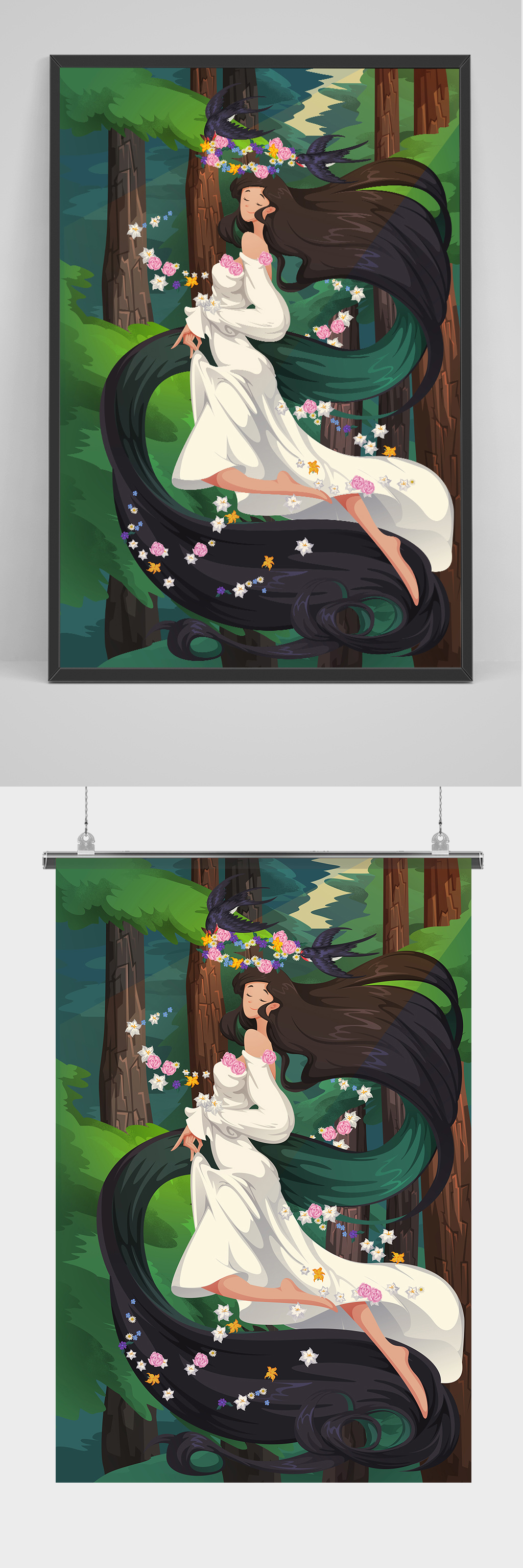 春天森系女神春季元素插画