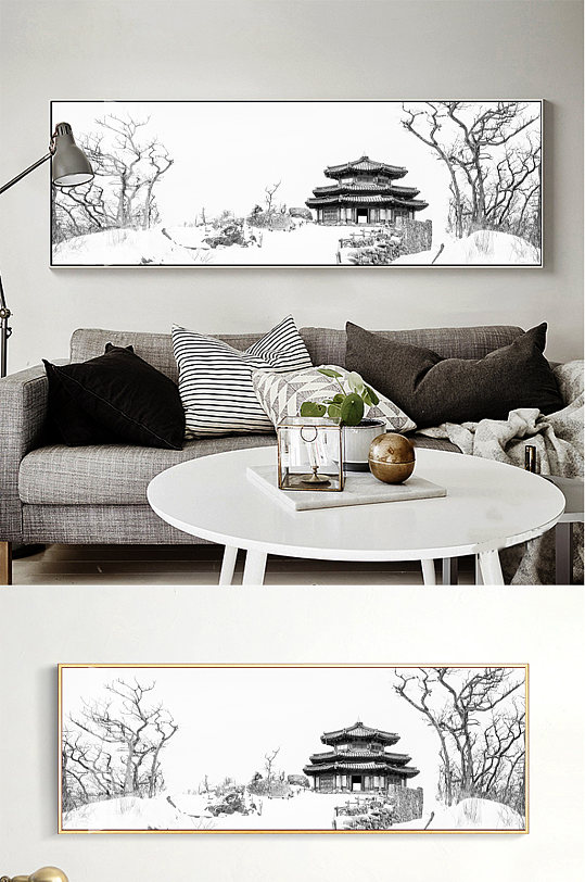 工笔黑白风景阁楼装饰画