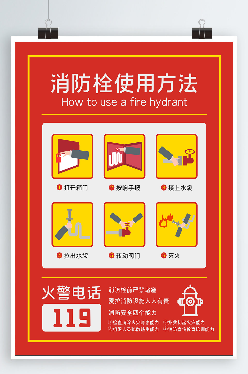 消防栓使用步骤消防安全知识宣传展板海报