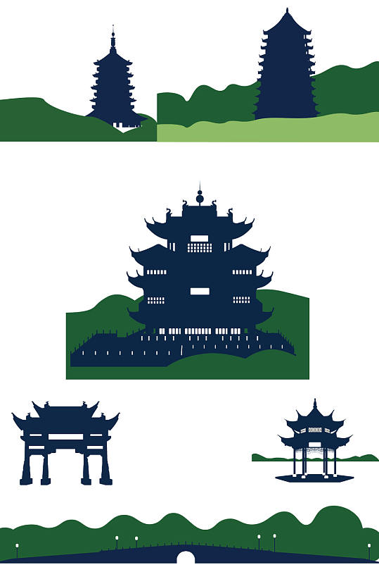 杭州地标古建筑扁平矢量免抠图