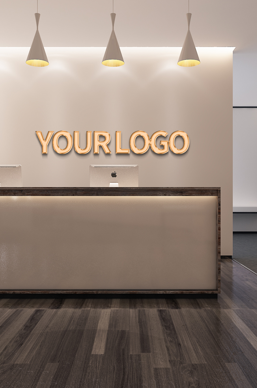 公司前台接待台金属质感logo样机