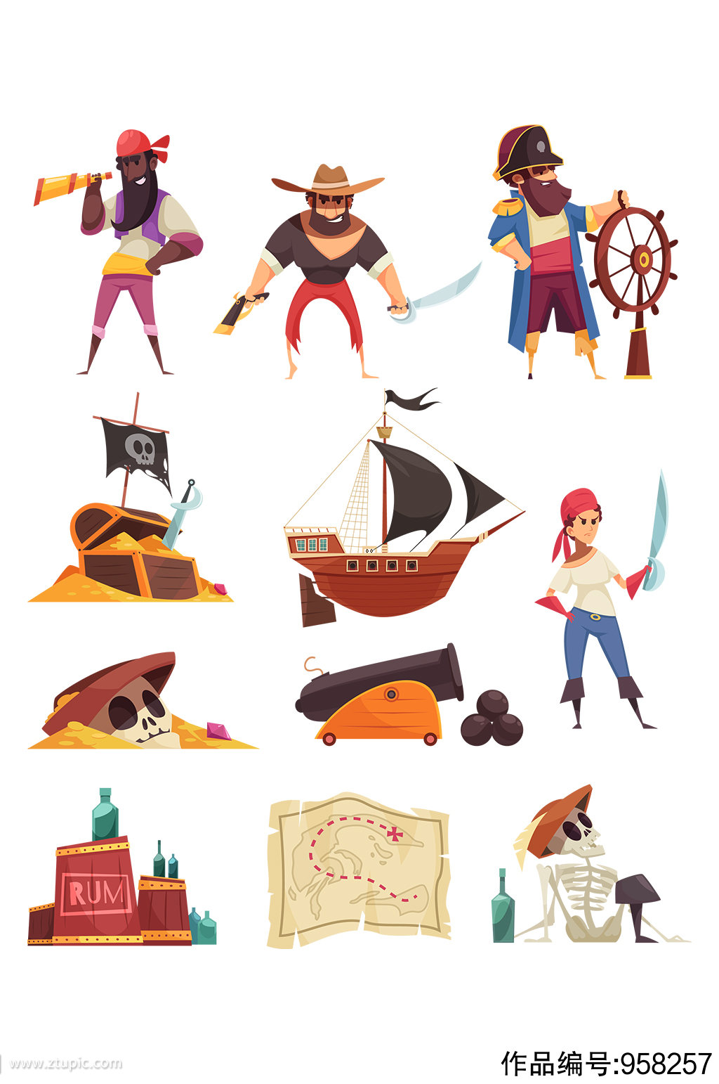 海盗卡通手持弯刀船长矢量海盗船宝箱-设计元素素材下载-众图网