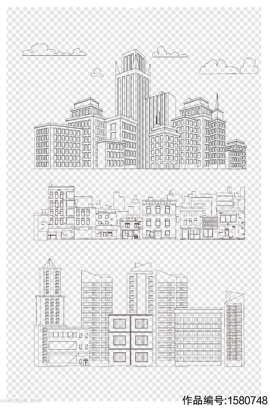 线描可爱卡通城市建筑高楼大厦手绘素材