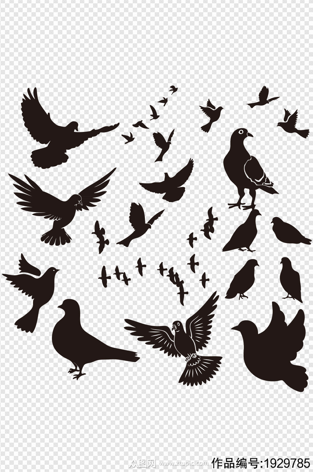 鸽子和平鸽手绘黑白剪影-设计元素素材下载-众图网
