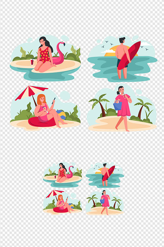 夏日小暑卡通海边沙滩人物插画免扣元素